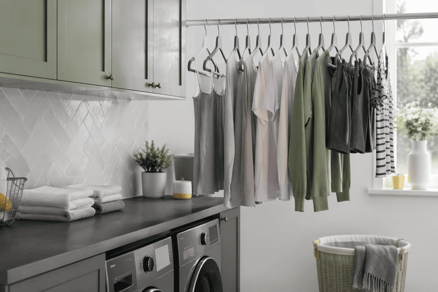 Clip Hanger Set (20) in a laundry room setting