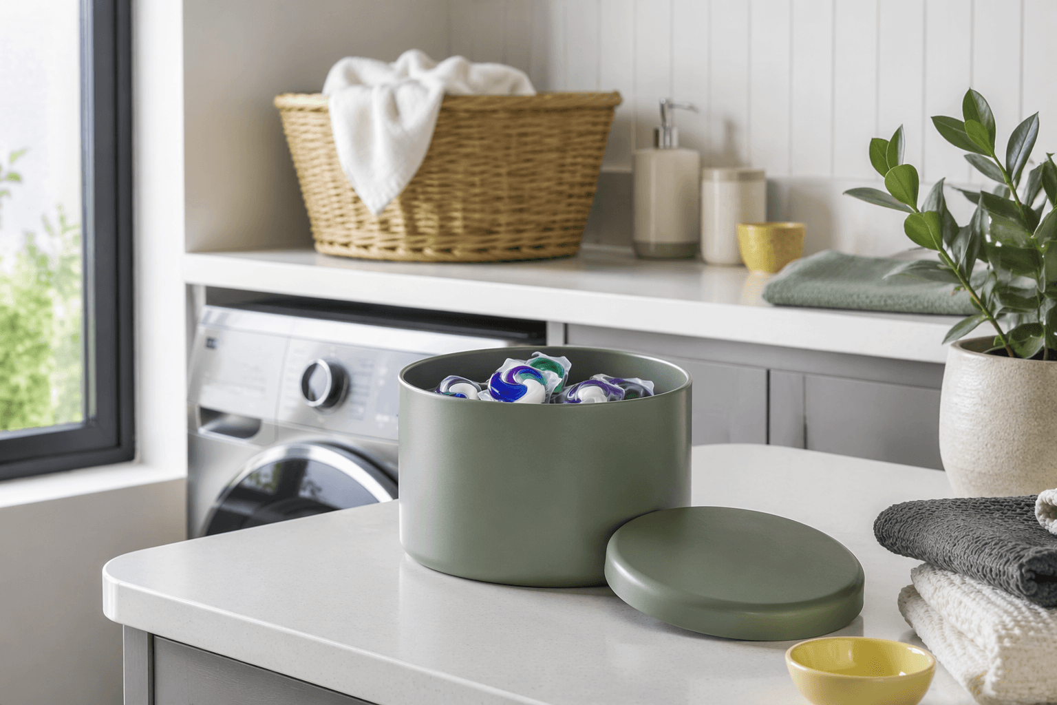 Laundry Pod Storage Tin in a laundry room setting