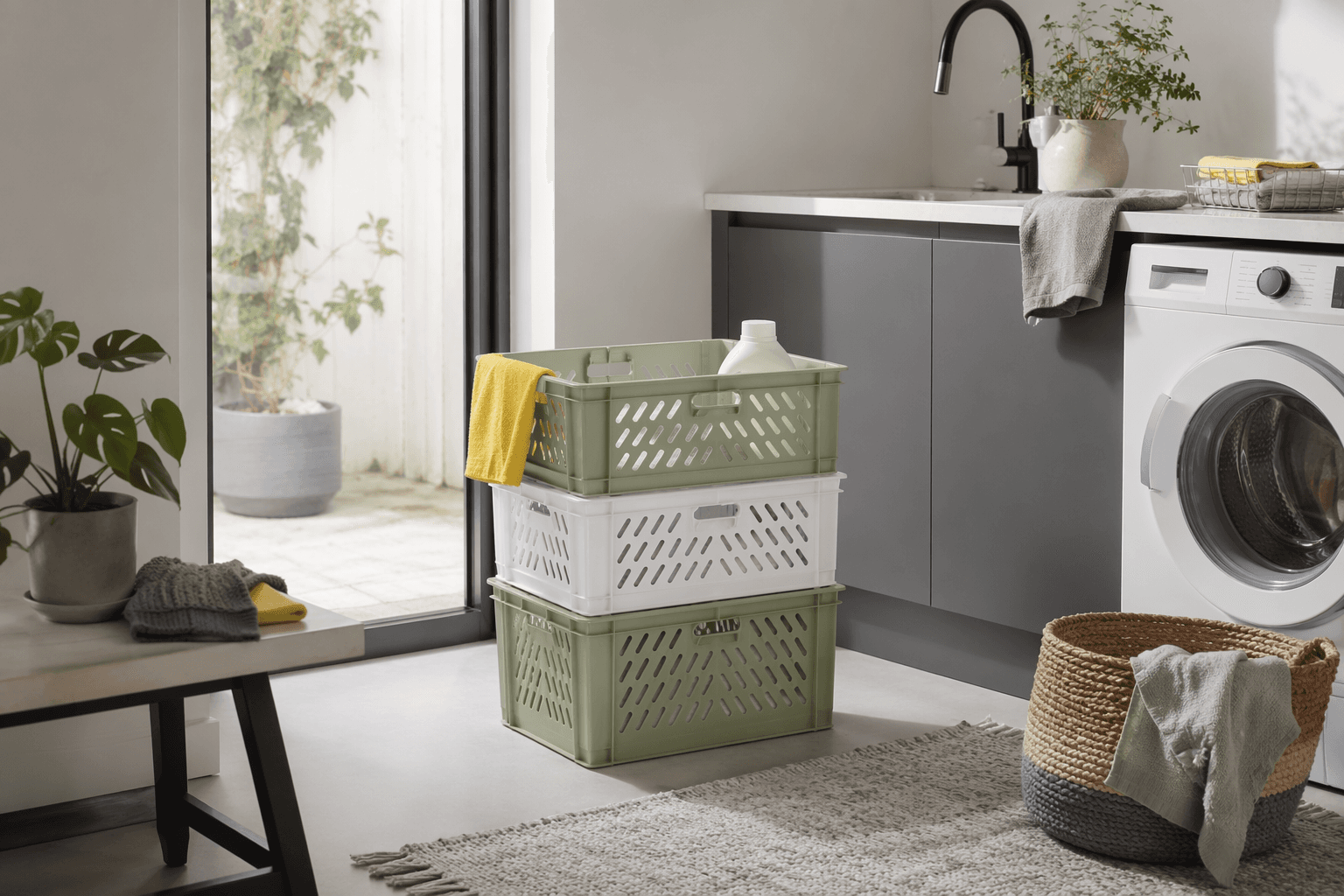 Stacking Storage Crates (3) in a laundry room setting