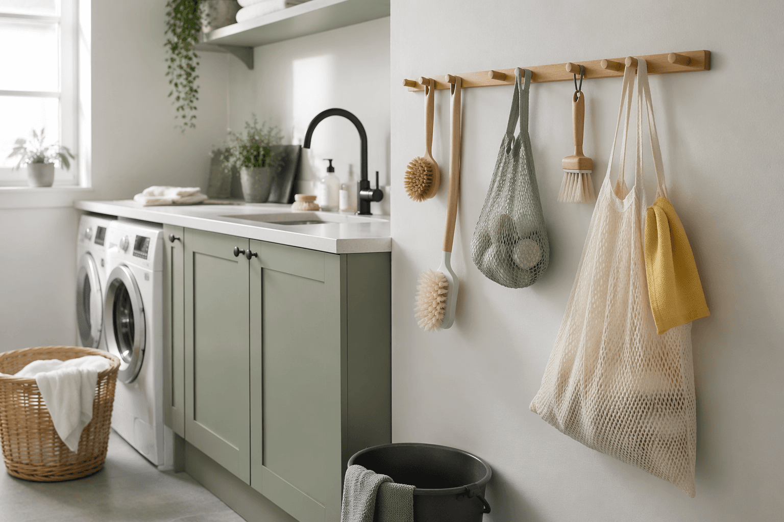 Wall Peg Utility Rail in a laundry room setting