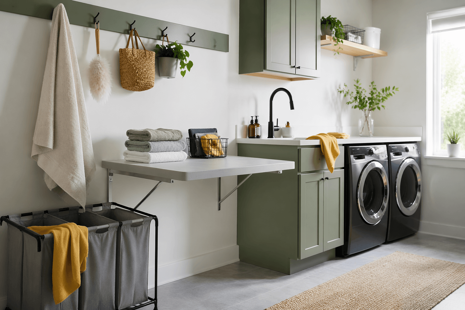 A bright, tidy laundry and utility room with sorting hampers, a wall peg rail and a folding table